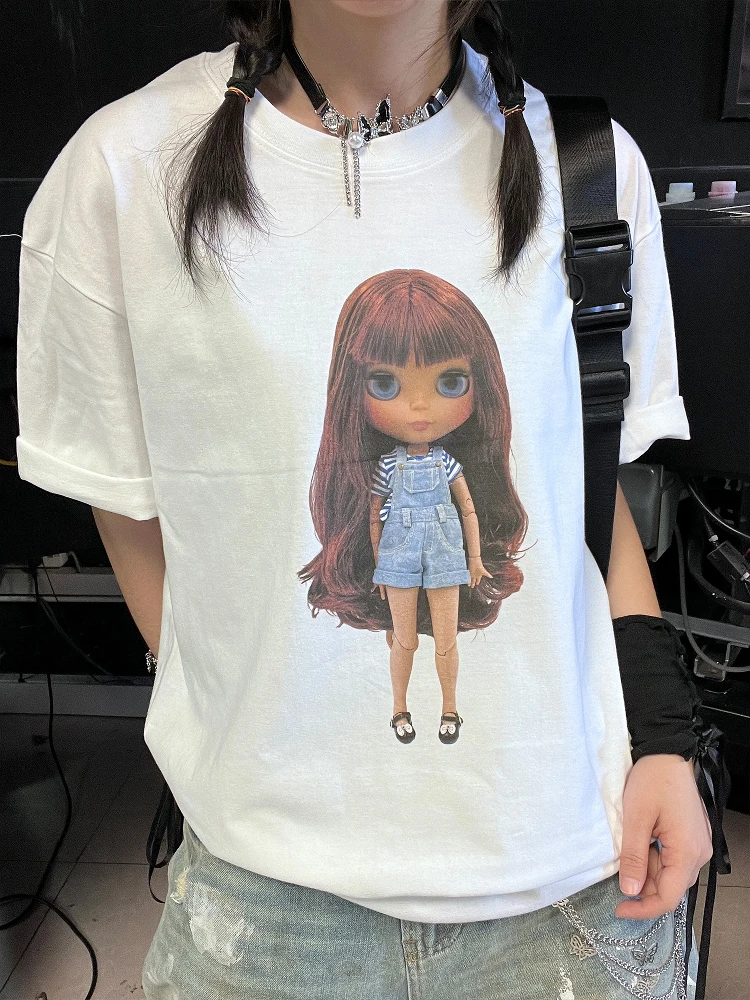 Heavyweight 260G Oversize Short Sleeve T-Shirt with Long Hair Doll Print Loose Fit Youthful Summer Fashion round Neck Tee