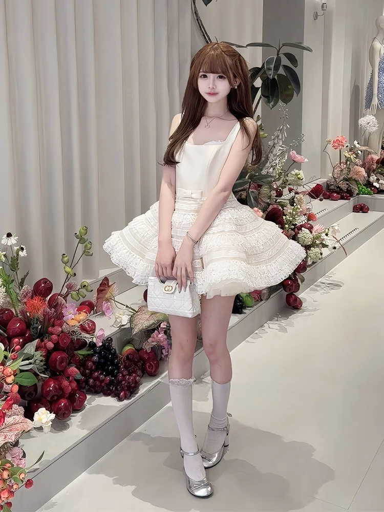 

Princess Style Birthday Dress Women's Sweet Strapless Ball Gown Skirt Heavy Embellishment Waist Cinch Cake Short Skirt