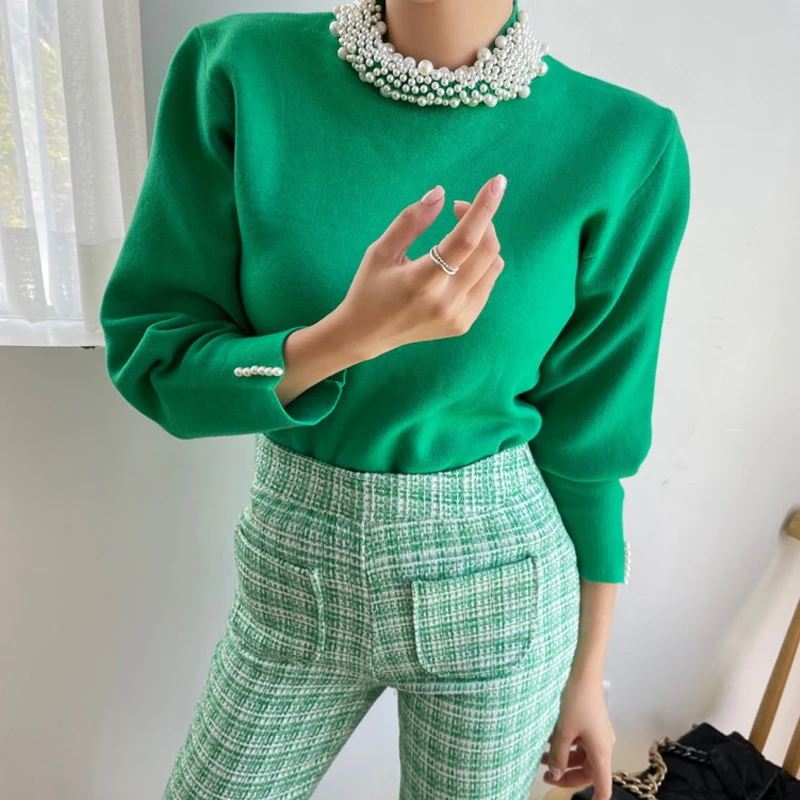 

2025 Autumn Winter korean Fashion Half High Collar Pearl Beading Sweater Women Casual Knitted Jumper Pullover Tops Sueter Mujer