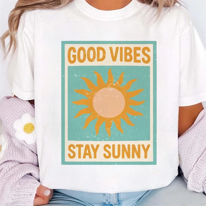 

Good Vibes Sunshine Pattern Printed Holiday T-Shirt Round Neck Style Casual Top Women's Printed Cartoon Versatile Beach T-Shirt