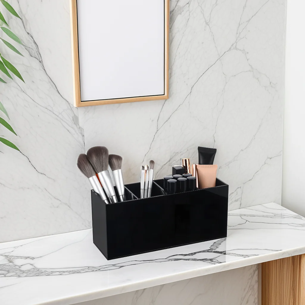 

Acrylic Pen Holder Desk Organizer 4 Compartments Multi Use Compact Pencil Organizer Stationery Makeup Brush Holder