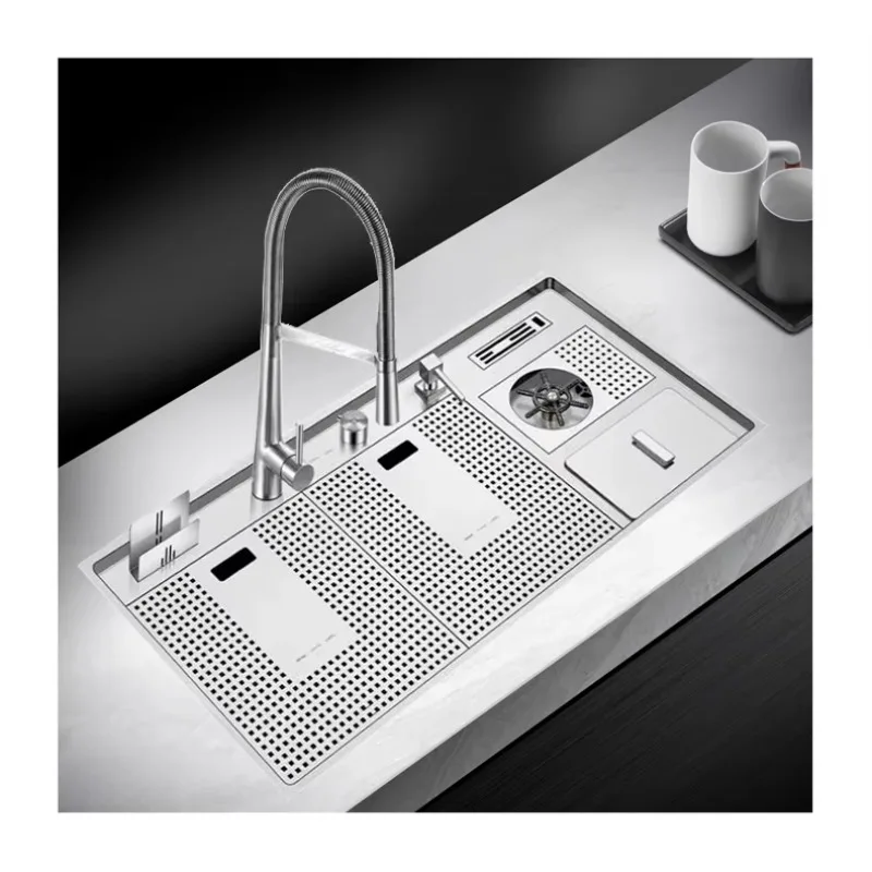 Motai Integrated Hidden Nano Black Brushed SUS304 Handmade Double Bowl Sink With Cup Washer