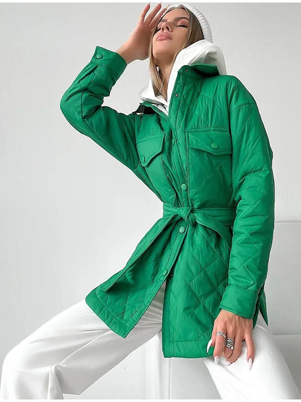 

Длинное пальто Thiened, куртка с воротником-стойкой и ромбовидным узором, теплая хлопковая осенне-зимняя универсальная женская модная одежда для поездок на работу