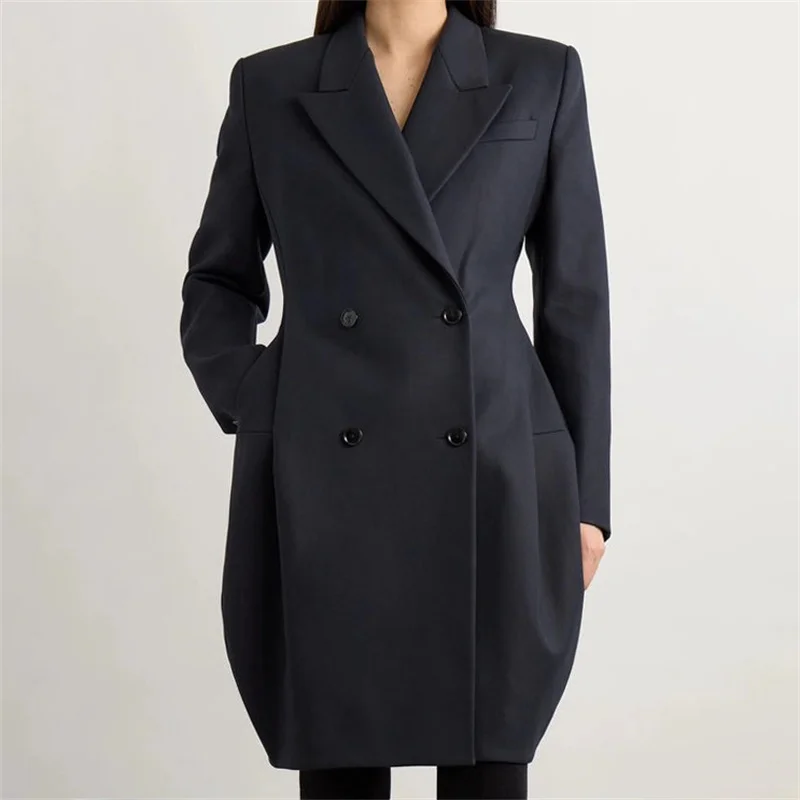 سترة نسائية جديدة لخريف 2025 مزدوجة الصدر بقصة ضيقة وطية صدر وأكمام طويلة من مزيج الصوف سترة نسائية طويلة معطف نسائي #1