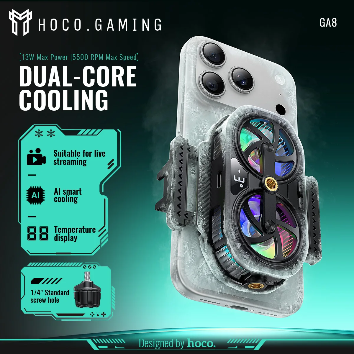 HOCO GA8 Semiconductor Back Clip Cooler For Mobile Phone Gaming Cooling For Live Streaming Stronger AI Smart Cooling Air Fan