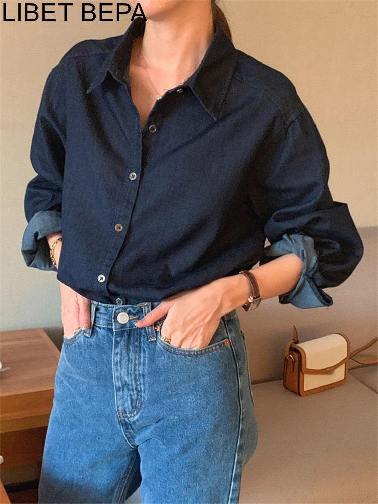 BL9820 New 2023 Korean Fashion Denim Office Lady Female Oversized Wild Women Blouses Shirts Spring Vintage Elegant Lady Tops