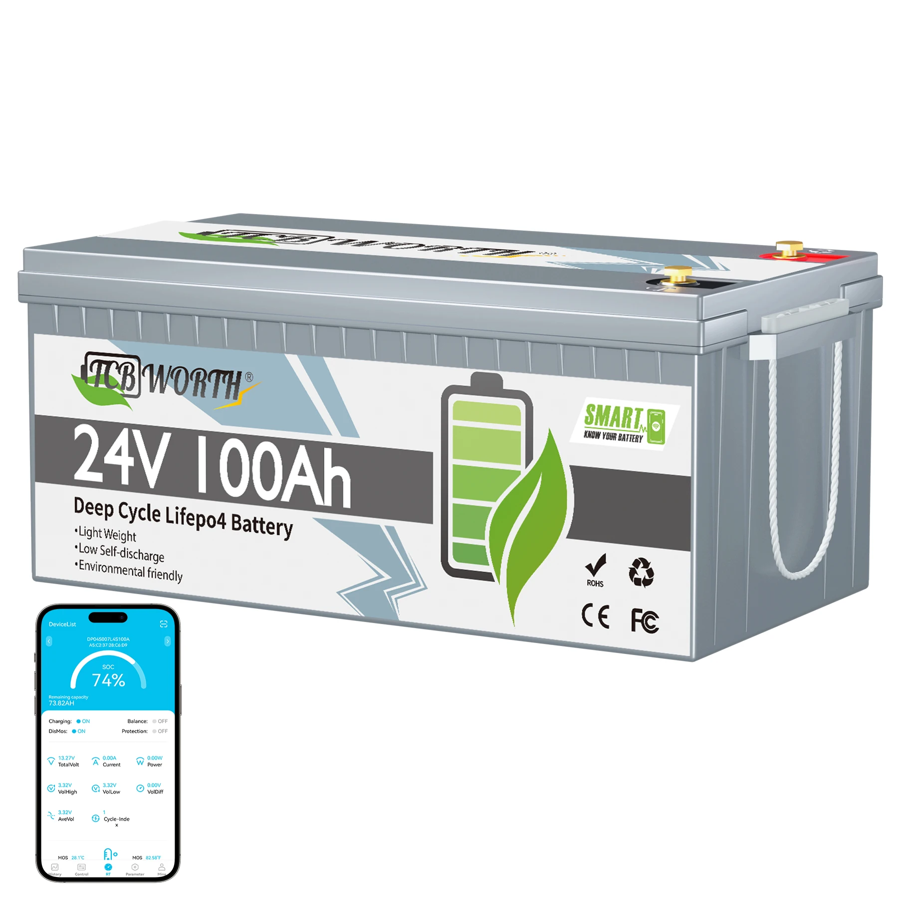 TCBWORTH 24V 100Ah Bluetooth LiFePO4 Battery,Deep Cycles 2560Wh Lithium Battery for Marine,Trolling Motor,Solar Off-Grid System