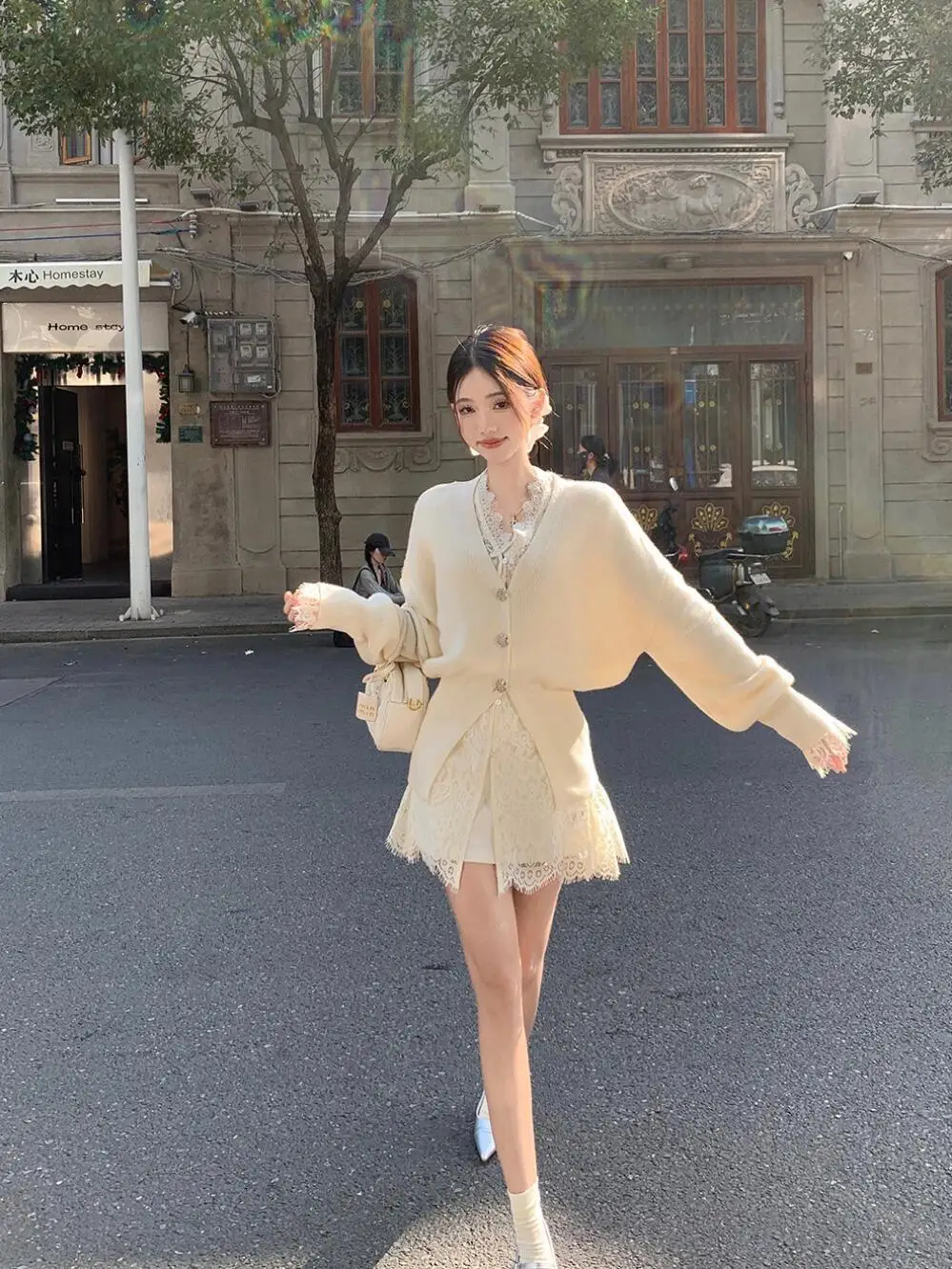 

3 Piece Sets Womens Outfits French Style High-end Designed Temperature Knitted Cardigan + Lace Shirt + High-waisted Casual Skirt
