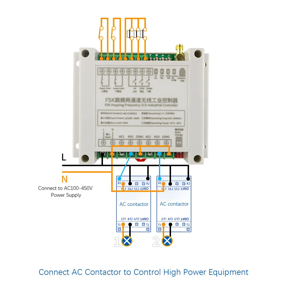 AC 100-450V 433MHz FSK Frequency Hopping  2CH Remote Control Switch for High Power Industrial Lifter Smarthome Light Control