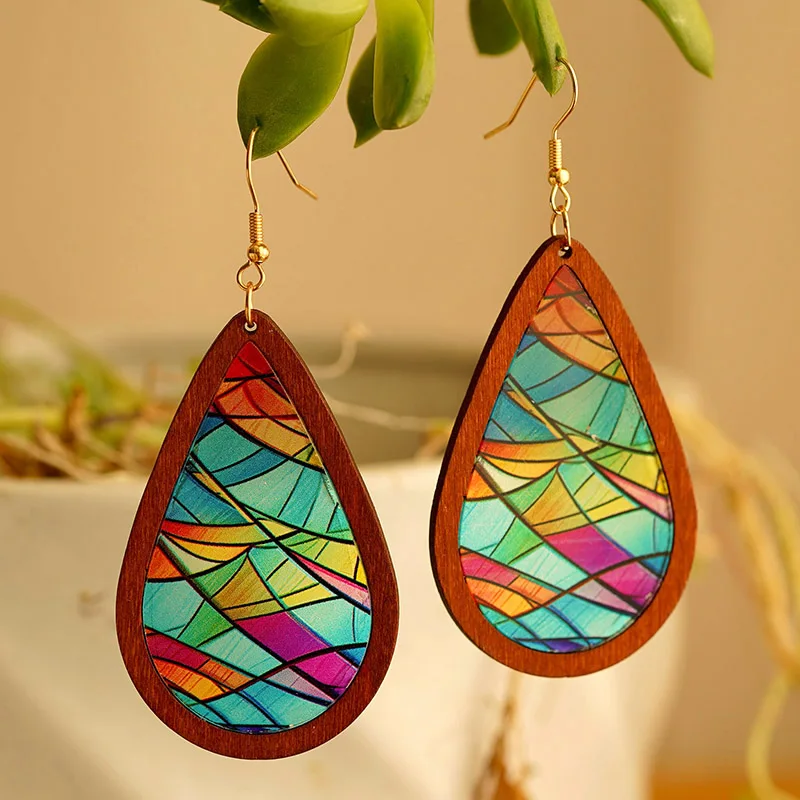 Vintage Church Style Acrylic Wooden Water Drop Earrings for Women Creative Colorful Transparent Earring Daily Party Jewelry