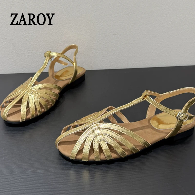 

ZAROY Roman Women's Sandals Summer Narrow Band T-tied Cross Strap Flat Sandals Weave Hollow Plus Size Beach Gladiator Sandalias
