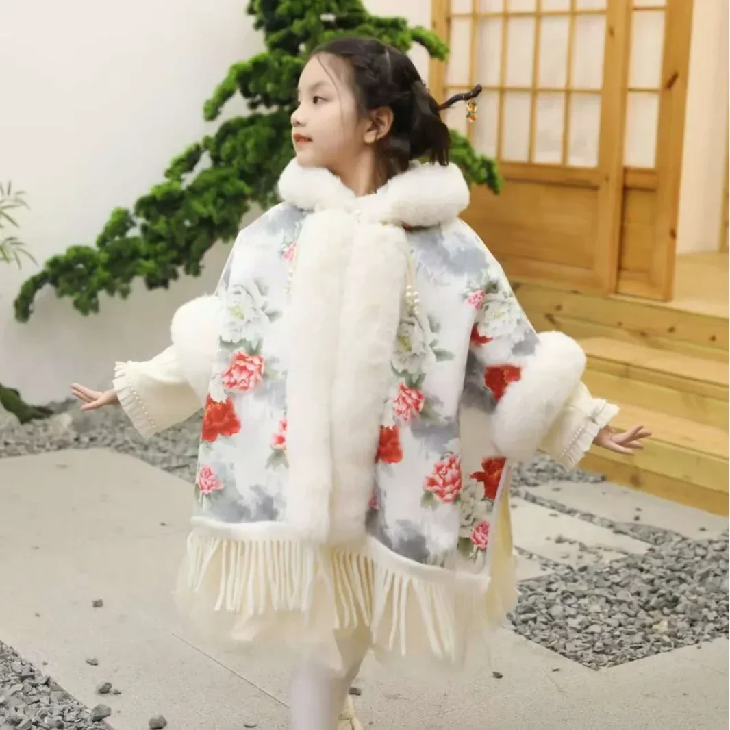 

Зимняя модная новогодняя накидка-пальто для девочек, теплый детский плащ в китайском стиле, утепленная детская одежда, верхняя одежда, утолщенная детская шаль