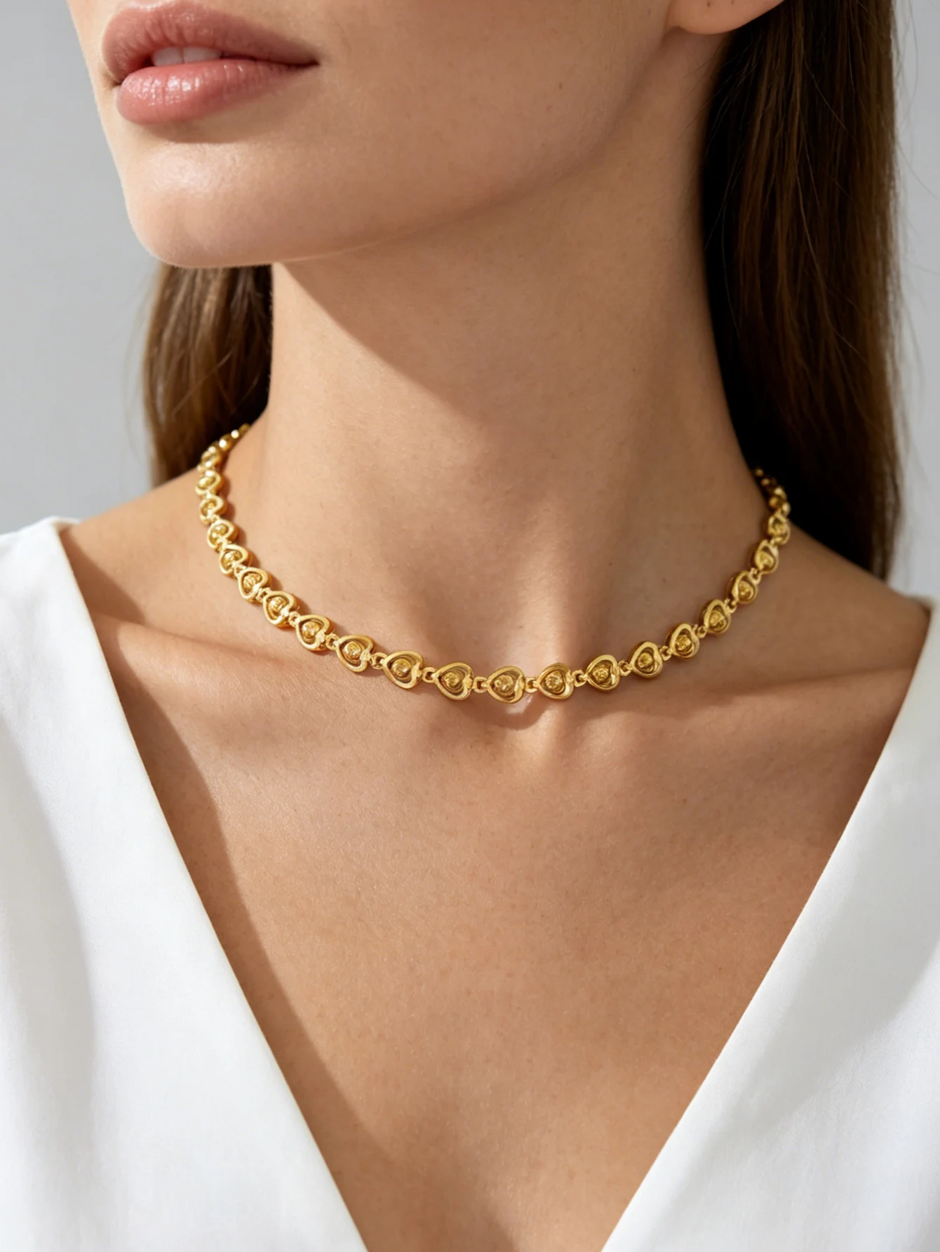 Damen Mode Eleganter Schmuck Edelstahl Herz Choker Halskette Kurze Halskette Gliederkette Perlenkette