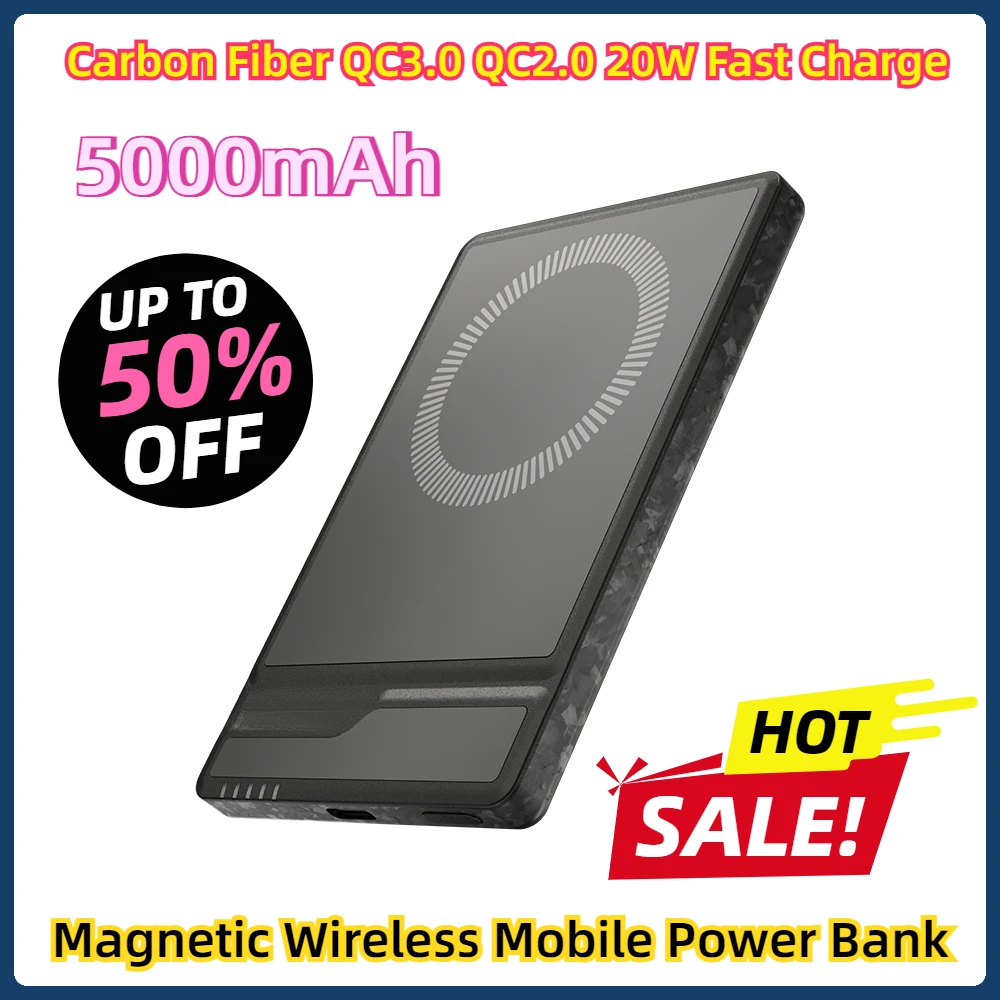 5000mAh Carbon Fiber QC3.0 QC2.0 20W Fast Charge Magnetic Wireless Mobile Power Bank Portable Poverbank