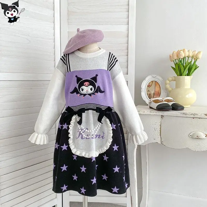 حار سانريو كورومي فستان محبوك Kawaii الخريف والشتاء الكرتون موضة طالب ملابس الأطفال غير رسمية لوليتا كاذبة قطعتين #1