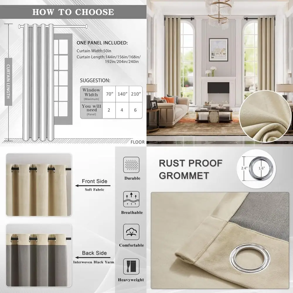 

Thermal Insulated Velvet Curtains 12ft - Soft Tall Panels for High Ceilings, Living Rooms, 2-Story Spaces, Beige (52 x 144)