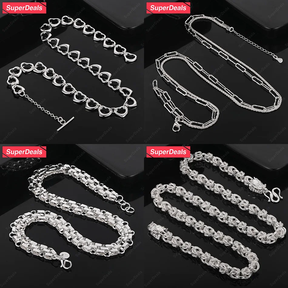 

SuperDeals 925 Sterling Silver Heart Box Chain Side Chain Keel Necklace Women Birthday Christmas Party Fashion Charm Jewelry