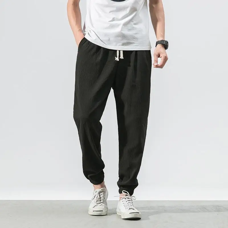 

plus Size Cotton Linen Men's Pants Loose Fit Middle Waist Corded Dstring ort Length Youthful Sle Pure Color Small Leg