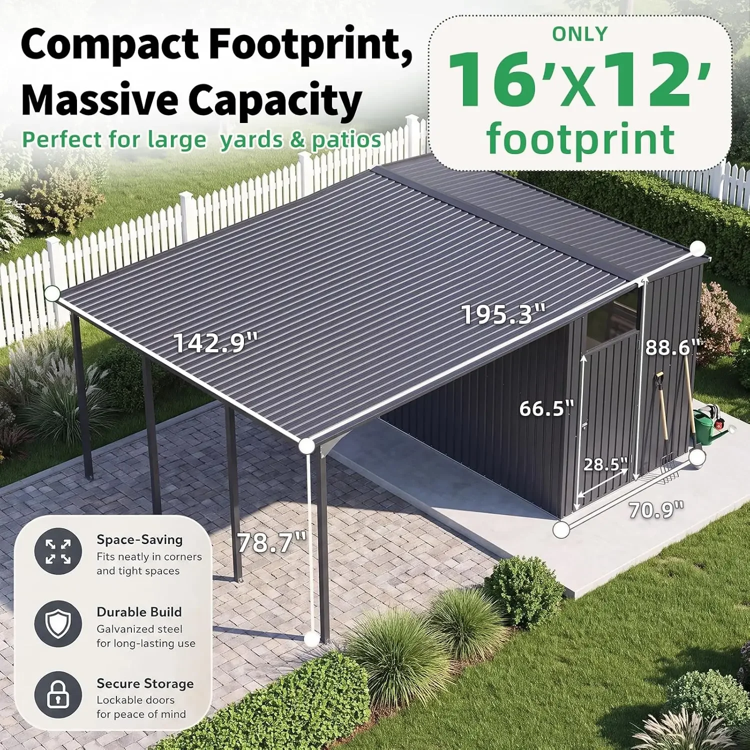 12x16 Lean-to Hardtop Metal Gazebo, Outdoor Combo Carport with Side Storage Shed, Customized