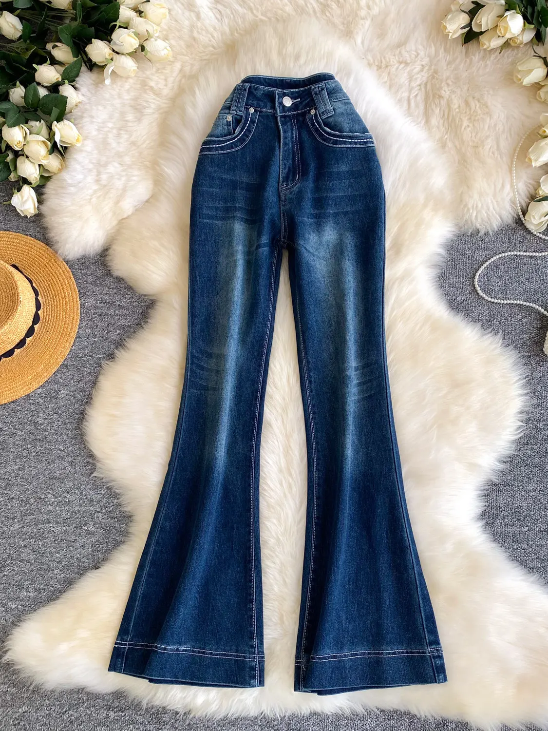 

High Waist American Design Waed Women's Jeans Faionable Slimming Bell Medium Blue Daily Commute Causal Chic Lady Jeans