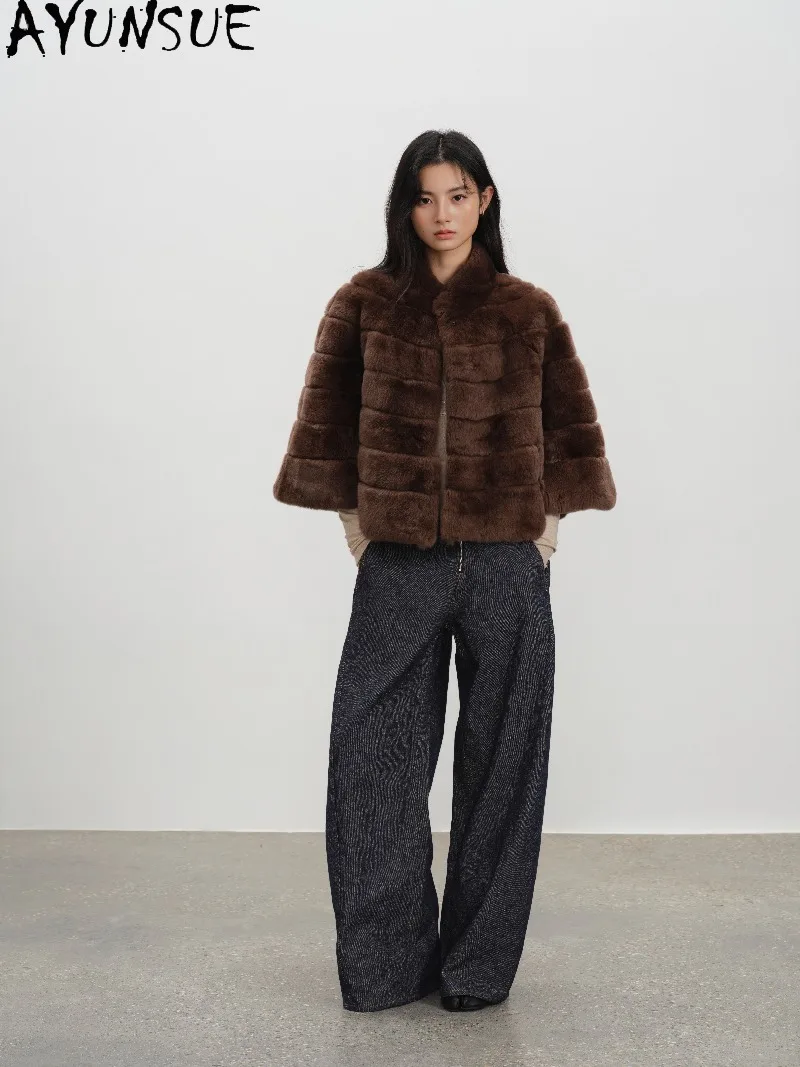 AYUSNUE Womens Rex Rabbit Fur Coat Small Stand Collar Vintage Short Length Fur Jacket Female Winter Clothing Roupas Femininas