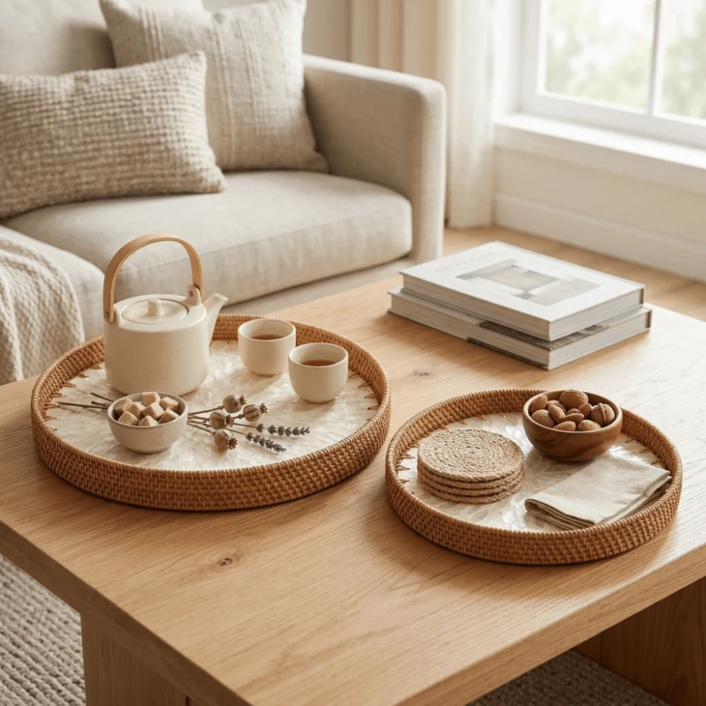 2Pcs Simple Woven Fiber Storage Tray Practical Colorful Finish Storage Basket Open Weave Lightweight Table Platter Home