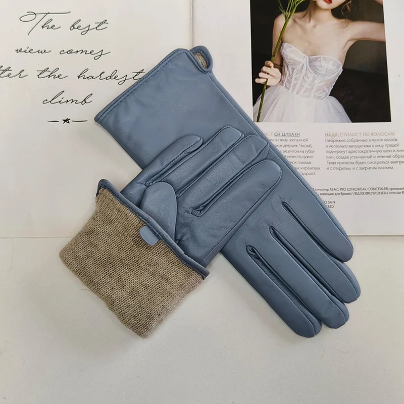 Sheepskin gloves women\'s new knitted lining spring classic versatile multicolor driving gloves leather autumn