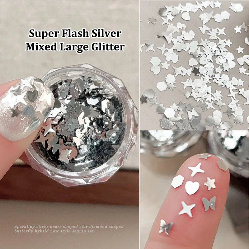 1-pot glanzende zilveren pailletten mix vormen sterrenlicht liefde vlinder ster slice nail art stickers stickers manicure paillette charmes