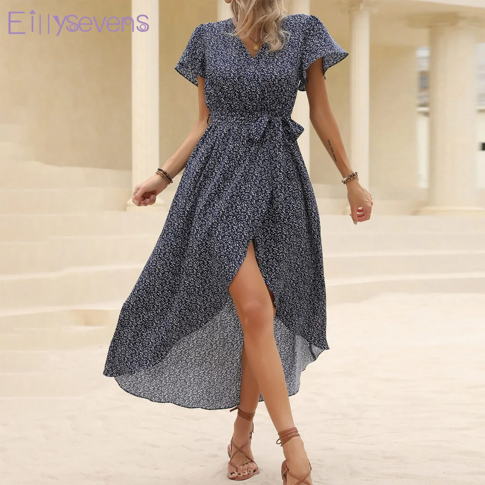 

Women's dress Classic and versatile long dresses Sexy Printed V-neck Waist Tied Leaf Sleeves Vacation Dress vestidos cortos