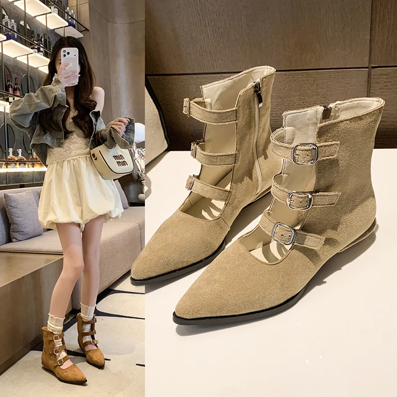 

2026 Pointed Trendy Hollow Slimming Short Boots Fashion New Belt Buckle Stylish Fashion Internet Popular Boots Women's Sandals