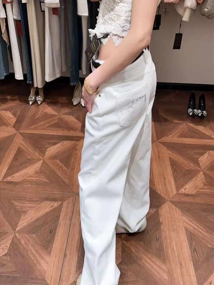 

White Straight Leg Jeans Women's Long Trousers Ba ket Rhinestone Design Trendy Early Spring New Sle l Waist Zipper