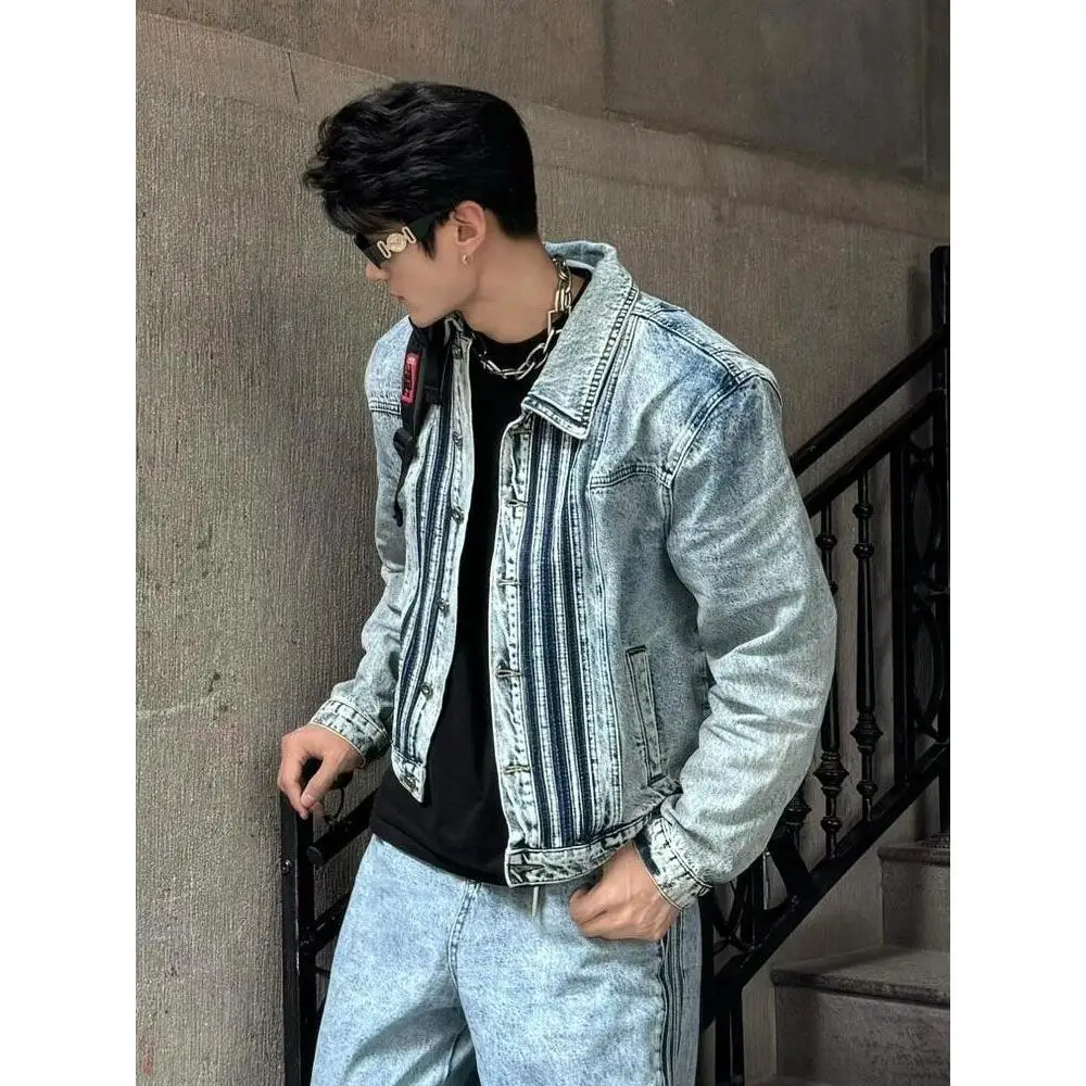 

American Retro Tee Bars Collar Denim Jaet Men's Trendy Streetwear ort Sle Versatile Design ort Workwear Jaet