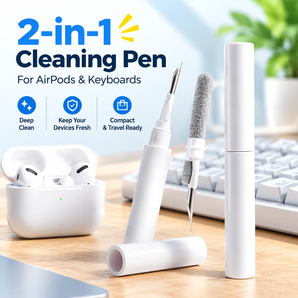 2-in-1 Electronics Cleaning Pen with Micro-Bristle Brush for AirPods and Keyboards, Compact Travel Essential