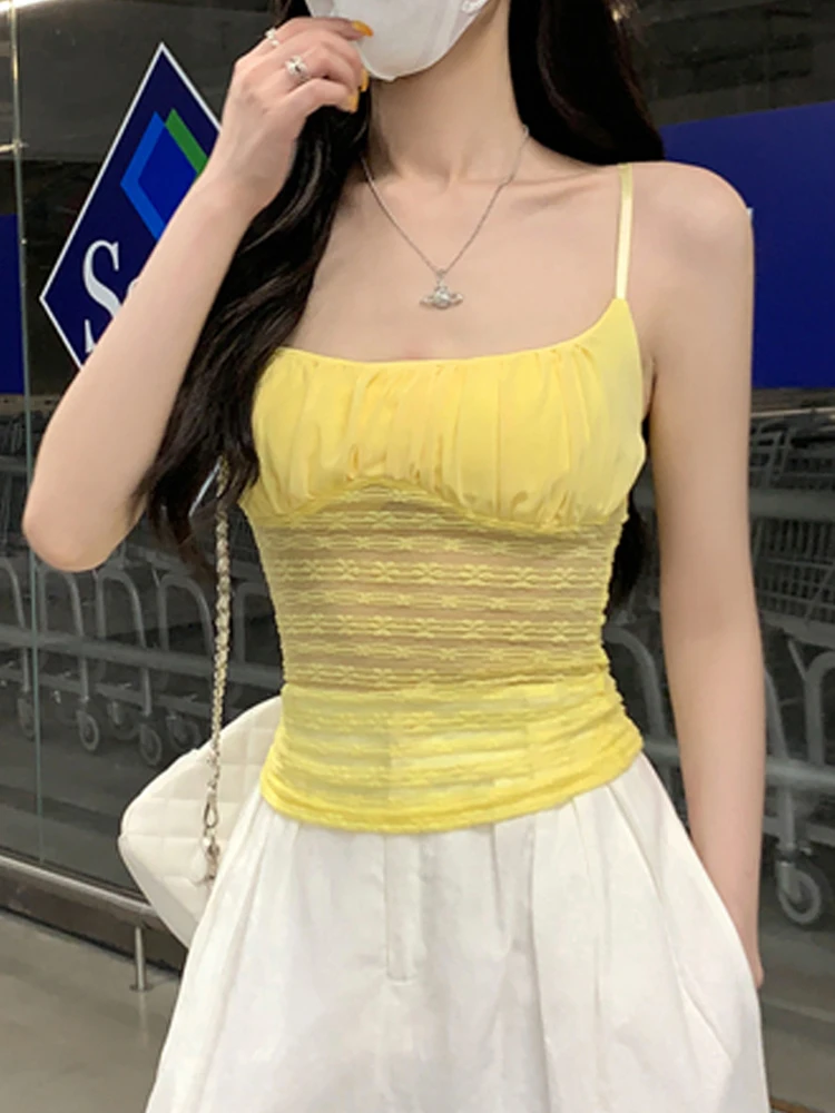 เสื้อครอปท็อปผ้าลูกไม้สำหรับผู้หญิง ดีไซน์เซนเซชั่น พร้อมเข็มขัดรัดเอว เสื้อกล้ามบางเบาสำหรับฤดูร้อน ใส่เป็นเสื้อซับในลำลอง แบรนด์ Sle Fidouha