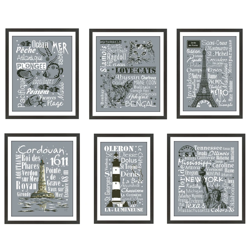 Love cats letter Statue of Liberty cross stitch package 14ct 11ct deep gray canvas cotton silk embroidery handmade needlework