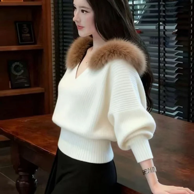 Women Knit Sweater Patchwork Detachable Fur Collar V Neck Batwing Sleeve Pullover Elegant Slim Collect Waist Knitwear Jumpers