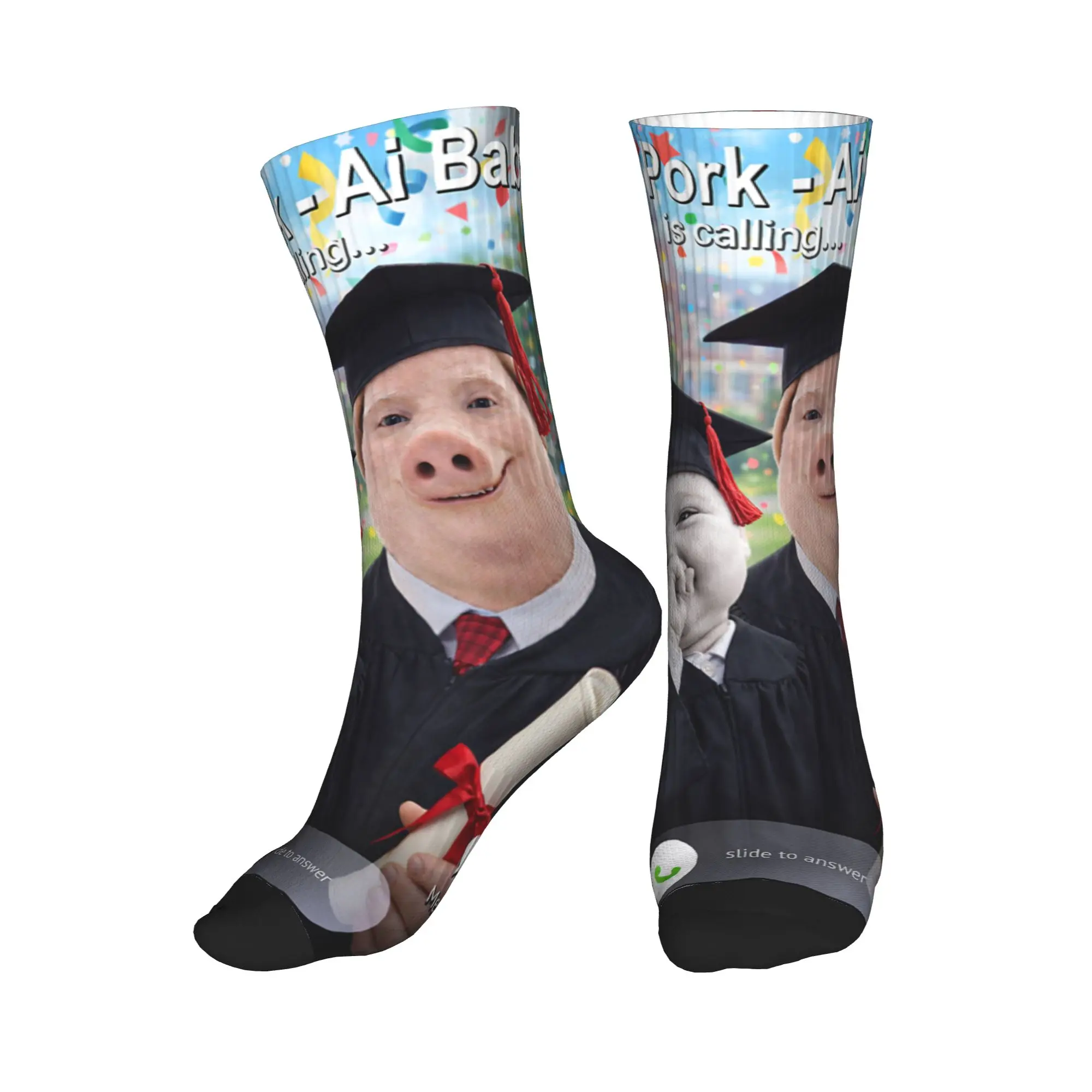 Funny Graduation Day John Pork and Ai Baby is Calling Socks Casual Stockings Men Comfortable Socks Winter Design Non-Slip Socks