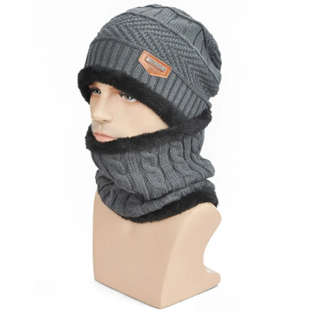 2pcs Warm Knitted For Men One Size Grey Stretchy Winter Cap Criss-Cross Stitch Casual Beanie Cycling Hat Mens Winter Hat