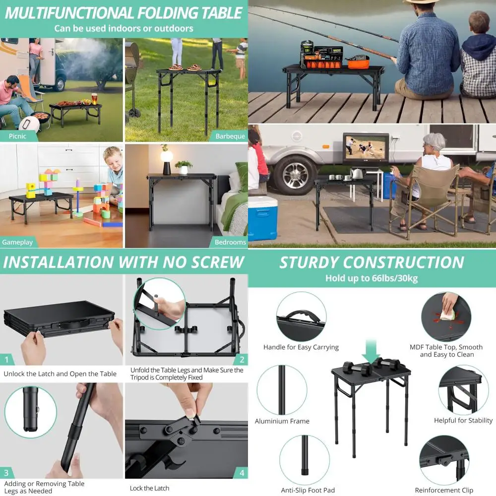 

Регулируемый по высоте портативный стол для пикника на открытом воздухе, легкий приставной столик для кемпинга и барбекю, прочный для автодома, пляжа, рыбалки (черный)