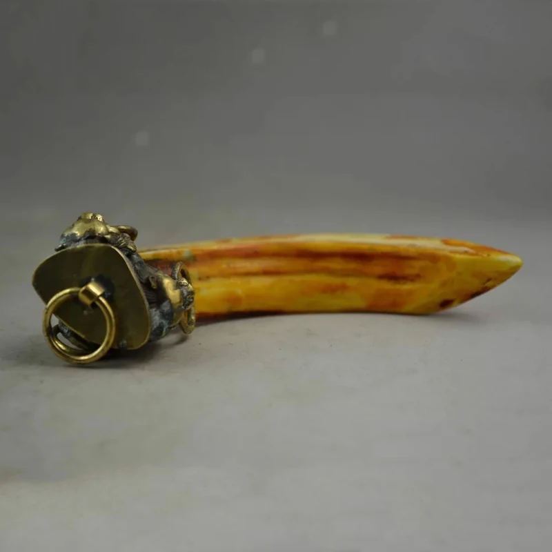 Chinese Handwork Collection Artificial Boar\'s Tooth & Copper Carving Lion Statue Pendant