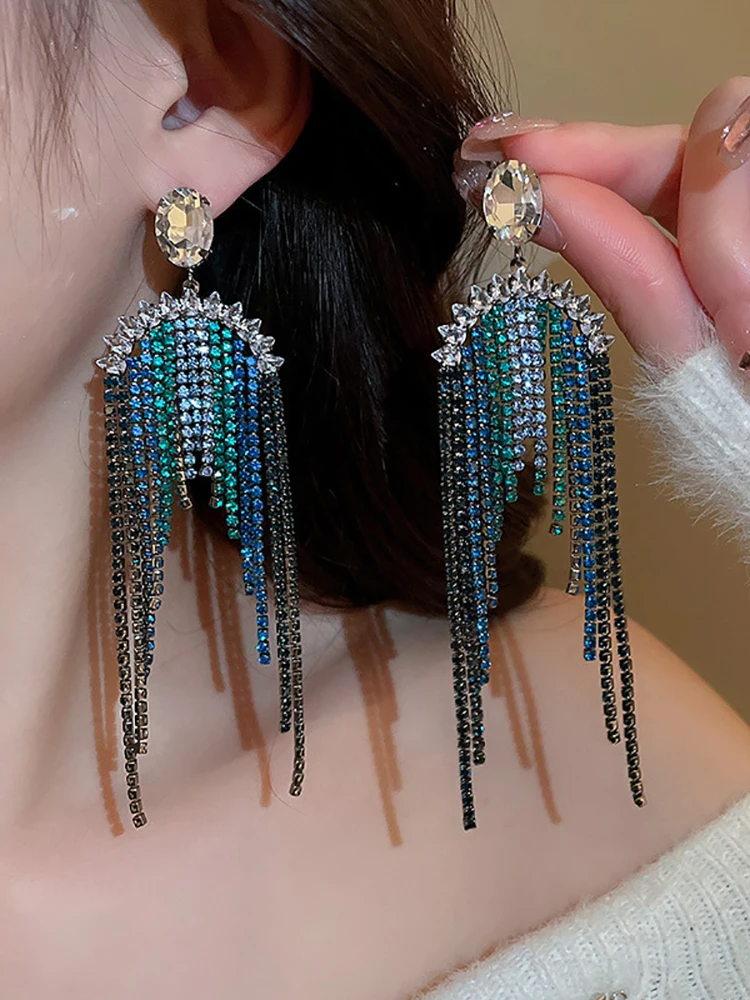 Blue Rhinestone Cubic Zirconia Long Tassel Earrings for Women Bridal Drop Dangling Earrings Party Wedding Jewelry Gifts