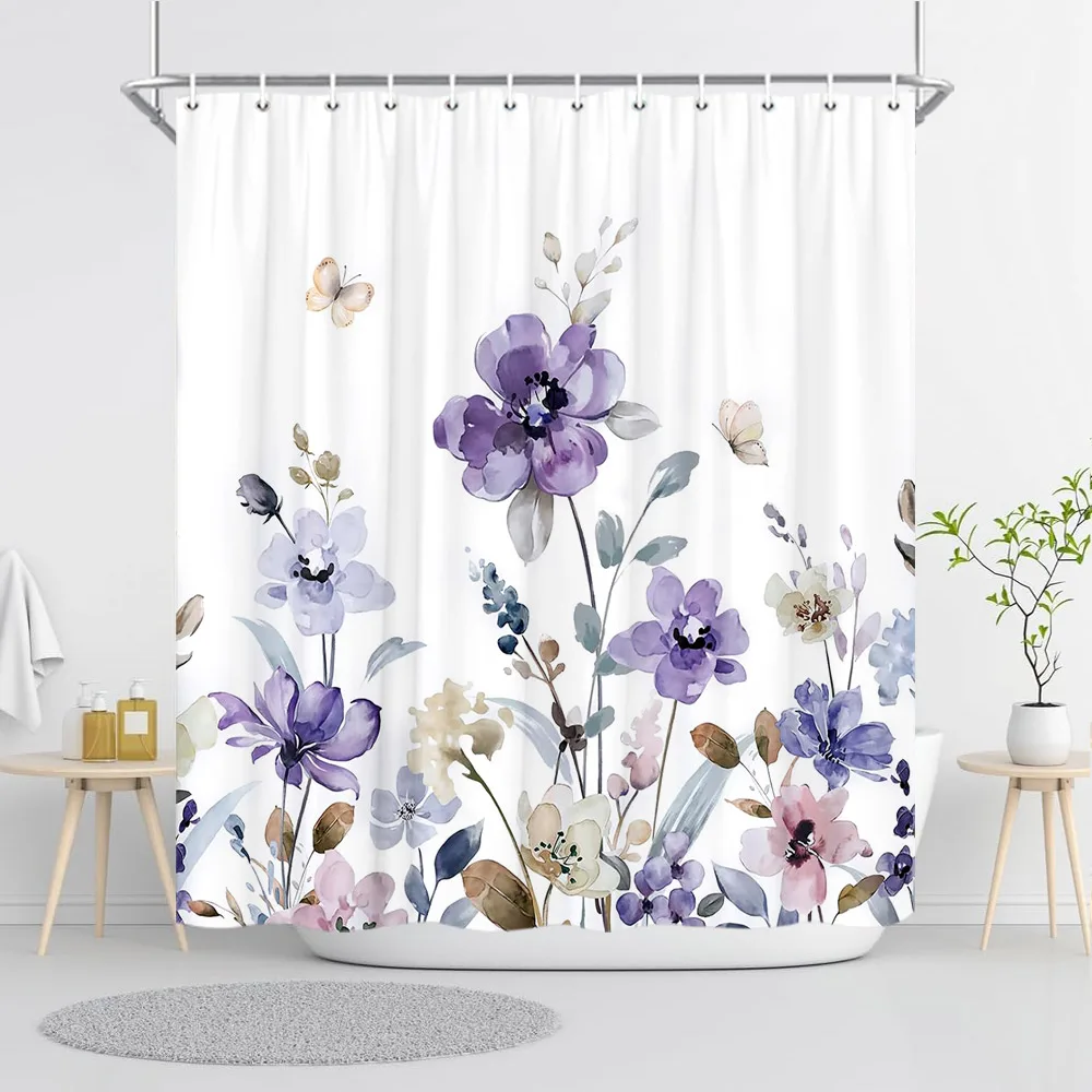 Purple Botanical Floral Watercolour Shower Curtain Beautiful Elegant Colours Holiday Gift Polyester Bath Curtains Bathroom Decor