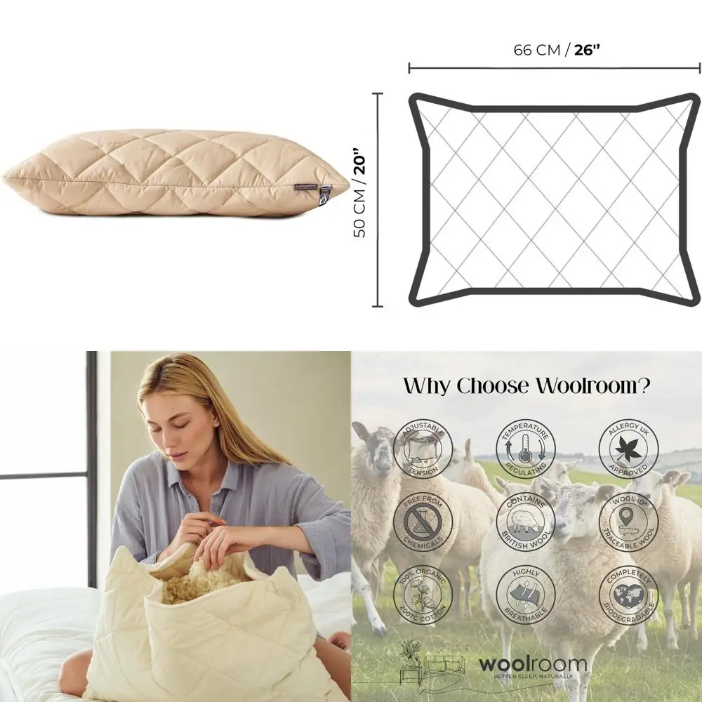 

Hypoallergenic Breathable Wool Pillows - Adjustable Temperature Regulating, Washable British Wool, Natural Sleep Comfort