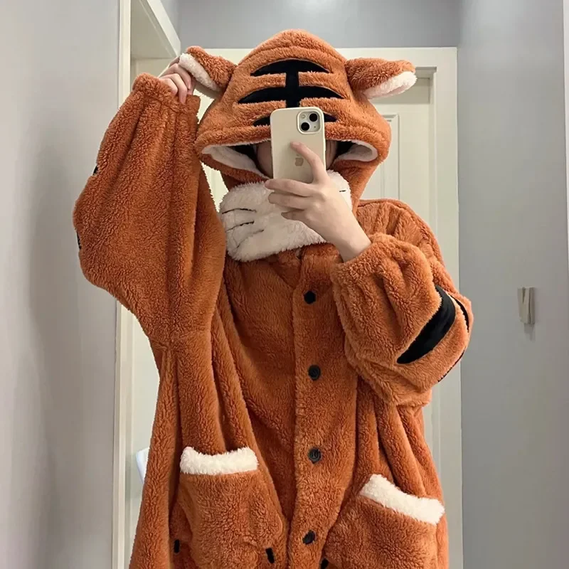 Fleece Thick Tiger Pajamas Robes Winter Warm Plush Nightgown Loose Kawaii Cartoon Flannel Nightdress Dinosaur Pijama Loungewear