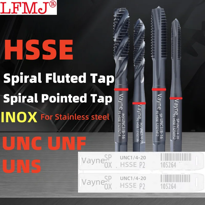 1pcs HSSE INOX American Spiral Fluted Tap UNC UNF UNS1-64 2-56 3/16 5/16 3/8Spiral Pointed Tap Machine With Red Ring  For steel