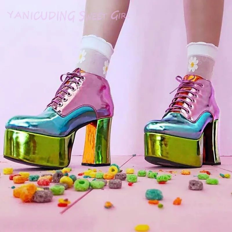 

Blue Green Stitching Color Platform Sandals Girls Round Toe Lace Chunky Heels Bling Cute Women Patchwork Casual Party Club Shoes