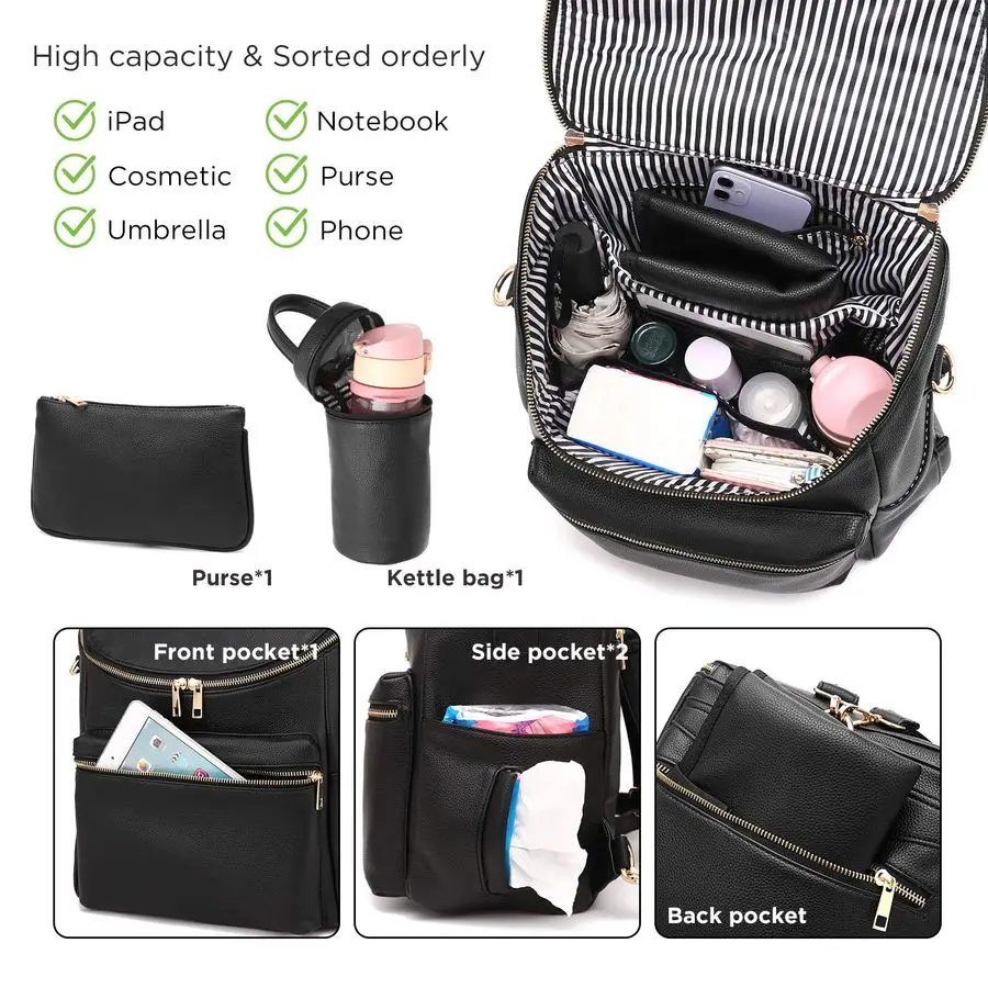 IHAYNER Diaper Bag Backpack Leather Backpack for Women Travel Backpack Baby Bag Large with Troller Straps Capacity for Wet Cloth