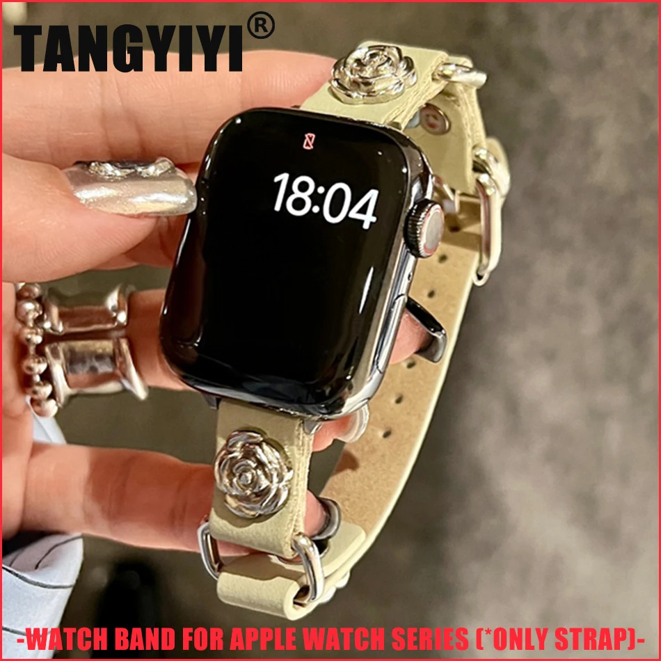 

Luxury Camellia Punk Leather Strap For Apple Watch Band S10 9 8 7 6 SE 5 4 3 46/45/44/42/41/40/38mm IWatch Ultra 2 49mm Bracelet