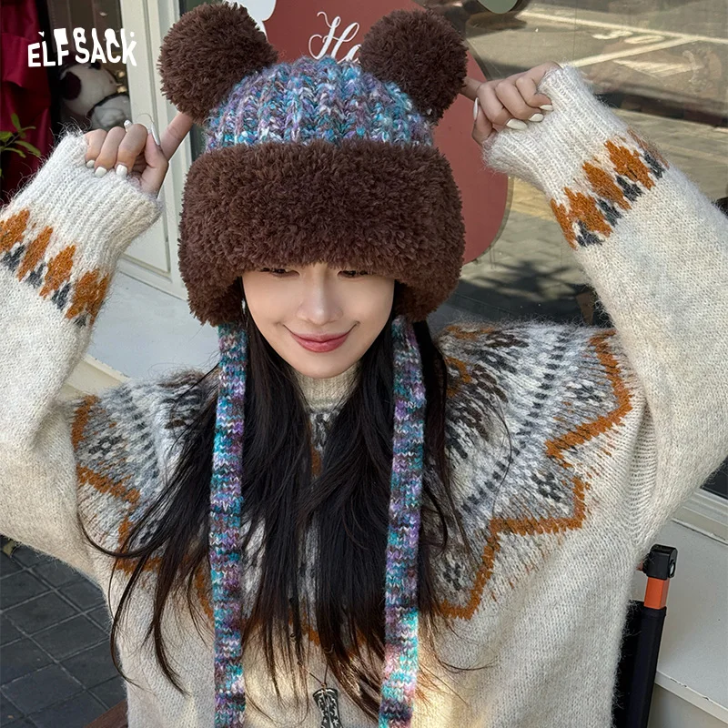 

ELFSACK Cute 3D Bear Ear Pom Pom Warm Knit Beanie For Women