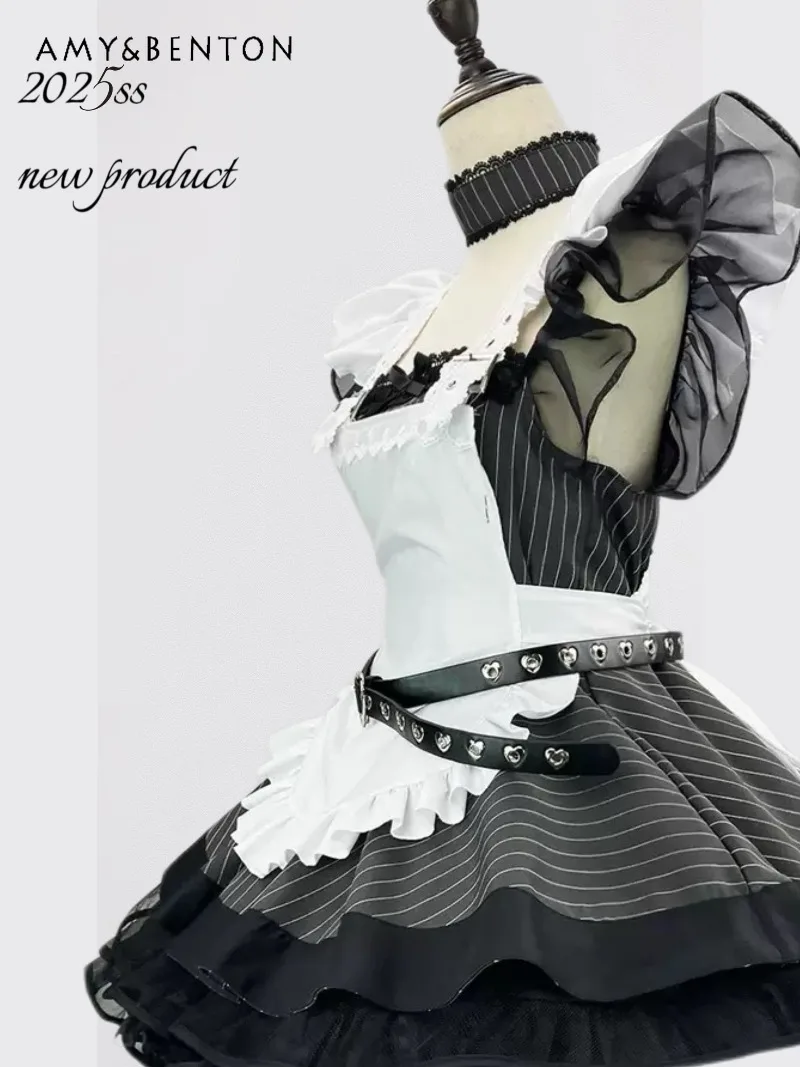 Süße Lolita Dark Maid Sexy Outfit Frauen japanische süße Schleife Flattern Ärmel Plaid Patchwork hohe Taille Mini Ballkleid Kleid Schürze
